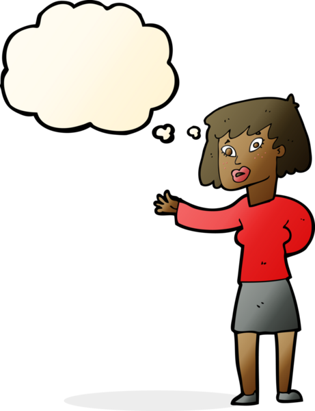 Bir insan tarafından çizilen düşünce baloncuğuyla açıklayan çizgi film kadını.