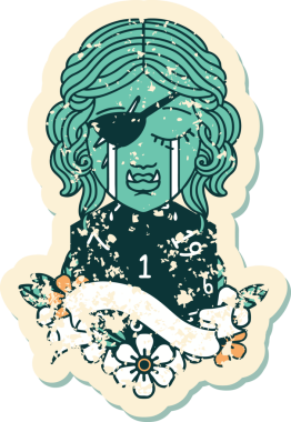 Retro Dövme Tarzı Ağlayan Ork karakter yüzü ve bir insan tarafından çizilmiş bir d20 zar.