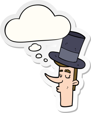 Düşünce baloncuklu silindir şapkalı çizgi film adamı bir insan tarafından çizilmiş çıkartma.