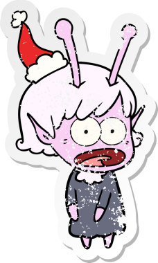 Bir insan tarafından çizilmiş Noel Baba şapkası giymiş şok olmuş bir uzaylı kızın el yazısı.