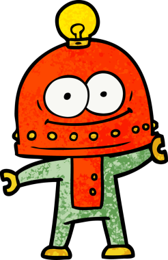 Bir insan tarafından çizilmiş ampullü mutlu karton robot.