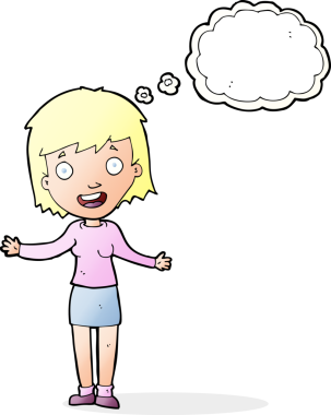 Bir insan tarafından çizilmiş düşünce baloncuğu olan heyecanlı bir kadın.