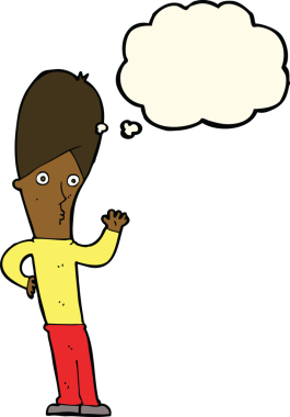 Bir insan tarafından çizilmiş düşünce baloncuğuyla el sallayan çizgi film adamı.