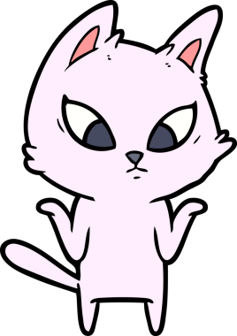 Bir insan tarafından çizilmiş kafası karışmış çizgi film kedisi omuz silkiyor.