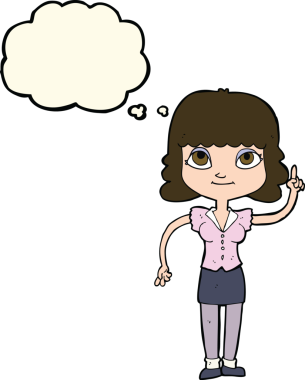 Bir insan tarafından çizilmiş düşünce baloncuğu fikri olan karikatür kadın.