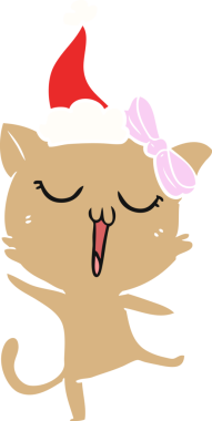 Bir insan tarafından çizilmiş Noel Baba şapkası takan bir kedinin düz renk çizimi.