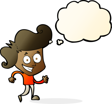 Bir insan tarafından çizilmiş düşünce baloncuğu ile sırıtan çizgi film adamı.