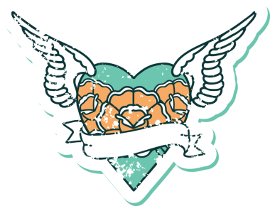 İkonik sıkıntılı dövme stili kanatlı kalp resmi çiçekler ve bir insan tarafından çizilmiş pankart