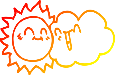 Sıcak bir çizgi film çizimi mutlu bir güneş ışığı ve bir insan tarafından çizilmiş bir bulut.