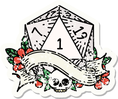 Bir insan tarafından çizilmiş doğal bir d20 zarının grunge çıkartması.