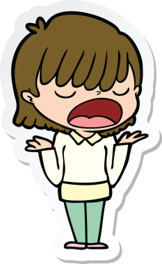 Bir insan tarafından çizilmiş yüksek sesle konuşan bir karikatür kadının çıkartması.