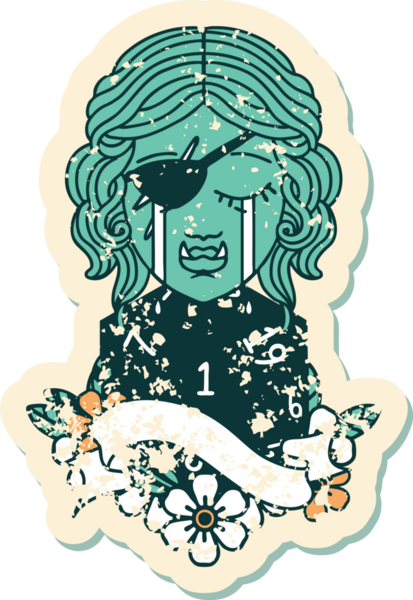 Retro Dövme Tarzı Ağlayan Ork karakter yüzü ve bir insan tarafından çizilmiş bir d20 zar.