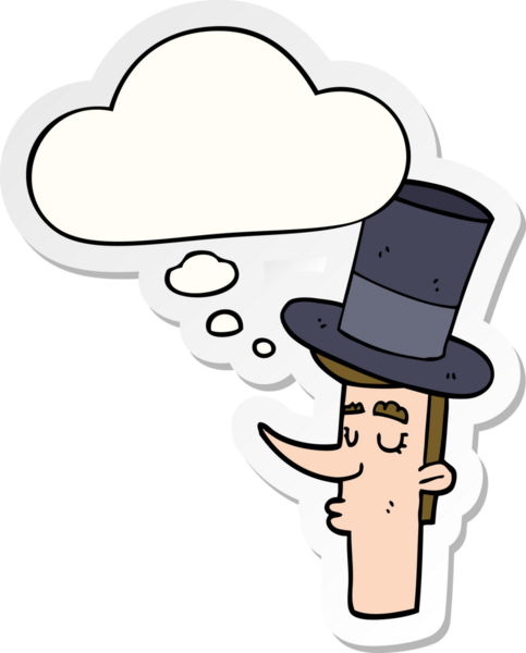 Düşünce baloncuklu silindir şapkalı çizgi film adamı bir insan tarafından çizilmiş çıkartma.