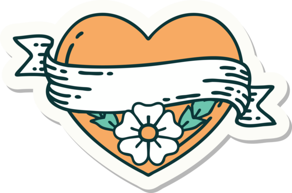 Geleneksel kalp stili dövme çıkartması ve bir insan tarafından çizilmiş çiçekli pankart.