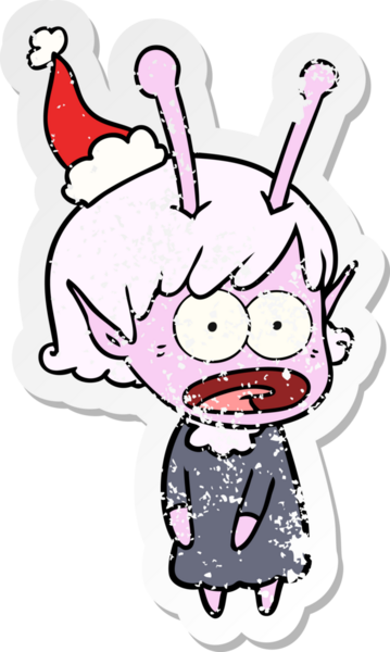 Bir insan tarafından çizilmiş Noel Baba şapkası giymiş şok olmuş bir uzaylı kızın el yazısı.