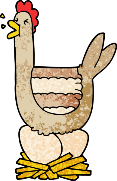 Bir insan tarafından çizilmiş yuvada oturan tavuk.