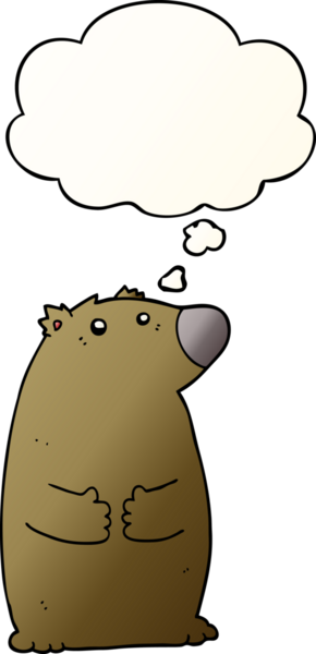 Bir insan tarafından çizilmiş yumuşak eğimli düşünce baloncuklu çizgi film ayısı.