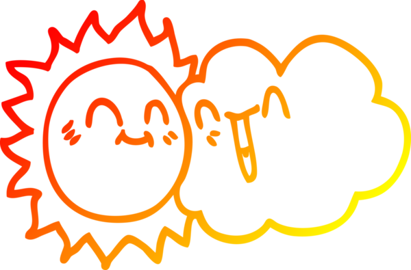 Sıcak bir çizgi film çizimi mutlu bir güneş ışığı ve bir insan tarafından çizilmiş bir bulut.