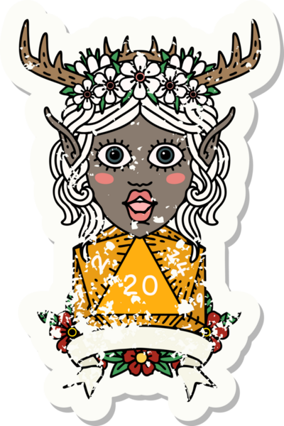 Retro Dövme Tarzı Elf Karakteri Bir insan tarafından çizilmiş doğal 20 zar ile