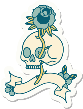 Bir insan tarafından çizilmiş kafatası ve gül şeklinde dövme stili.