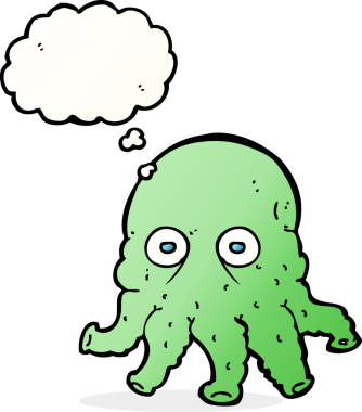 Bir insan tarafından çizilmiş düşünce baloncuklu uzaylı mürekkep balığı yüzü.