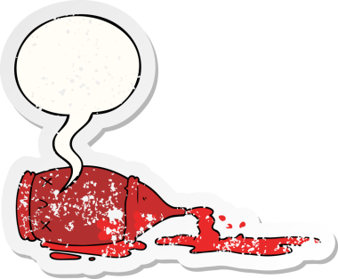 Çizgi film, bir insan tarafından çizilmiş sıkıntılı eski bir çıkartma ile konuşma baloncuğu ile şişeyi döktü