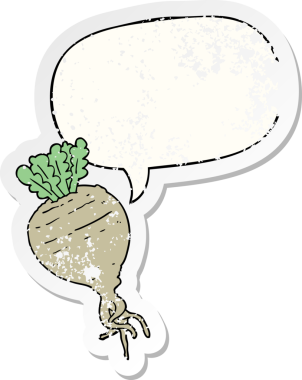 Konuşma baloncuğu olan karikatür kökü sebzesi bir insan tarafından çizilmiş sıkıntılı eski bir çıkartma