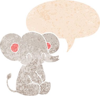 Bir insan tarafından çizilmiş grunge dertli retro tarzı konuşma baloncuğu ile sevimli çizgi film fili.