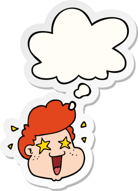 Düşünce balonlu çizgi film çocuğunun yüzü bir insan tarafından çizilmiş çıkartma gibi.