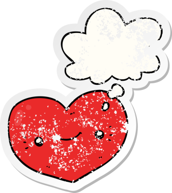 Düşünce baloncuğu olan kalp çizgi film karakteri insan tarafından çizilmiş yıpranmış bir çıkartma gibi.