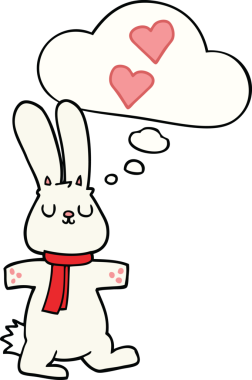 Bir insan tarafından çizilmiş düşünce baloncuğuna aşık çizgi film tavşanı