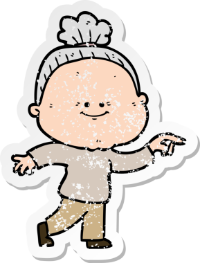 Bir insan tarafından çizilmiş mutlu, yaşlı bir kadının sıkıntılı çıkartması.