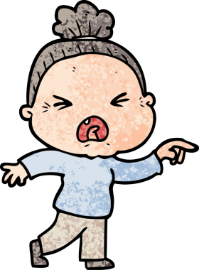 Bir insan tarafından çizilmiş kızgın yaşlı kadın çizgi filmi.