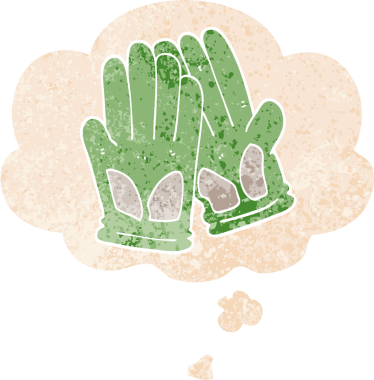 Karikatür bahçe eldivenleri. Düşünce baloncuğu, grunge, sıkıntılı retro dokuma tarzı bir insan tarafından çizilmiş.