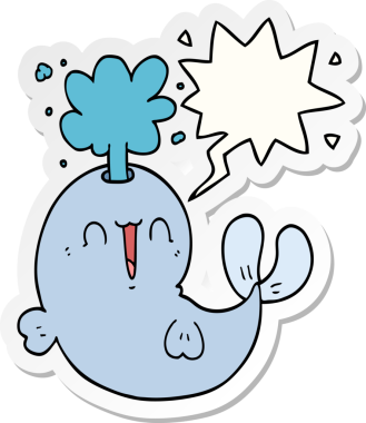 Bir insan tarafından çizilmiş konuşma balonu çıkartmasıyla su püskürten çizgi film balinası.