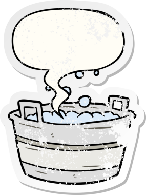 Eski bir karikatür, su dolu, konuşma köpüğüyle dolu. Bir insan tarafından çizilmiş, sıkıntılı, eski bir çıkartma.