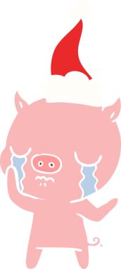 Bir insan tarafından çizilmiş Noel Baba şapkasıyla ağlayan bir domuzun el çizimi.