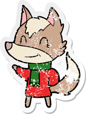 Bir insan tarafından çizilmiş kışlık giysili, dost canlısı bir kurt çıkartması.