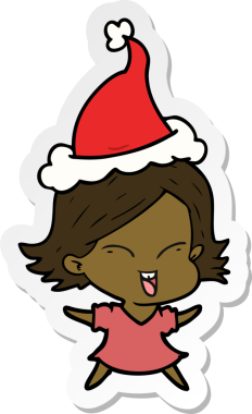 Bir insan tarafından çizilmiş Noel Baba şapkası giyen bir kızın mutlu el çizimi karikatürü.