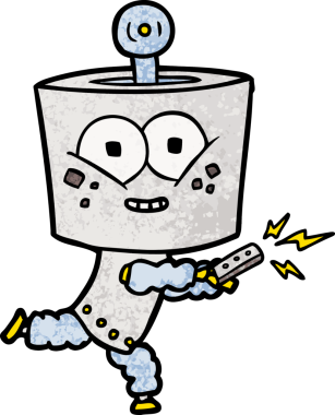 Bir insan tarafından çizilmiş uzaktan kumandalı mutlu çizgi film robotu.