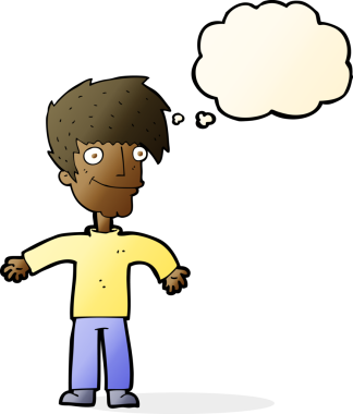 Bir insan tarafından çizilmiş düşünce balonlu mutlu adam çizgi filmi.