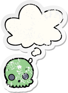 Düşünce baloncuklu karikatür kafatası bir insan tarafından çizilmiş yıpranmış bir çıkartma gibi.