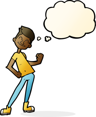 Bir insan tarafından çizilmiş düşünce baloncuğu olan bir adamı kutlayan çizgi film.