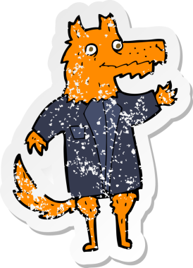 Bir insan tarafından çizilmiş tilki çizgi film işadamının sıkıntılı retro çıkartması.