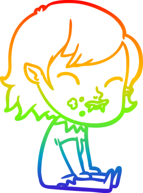 Gökkuşağı gradyan çizgisi. Bir insan tarafından çizilmiş yanağında kan olan vampir bir kız çizgi filmi.