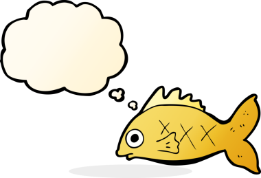Bir insan tarafından çizilmiş düşünce baloncuklu çizgi film balığı.