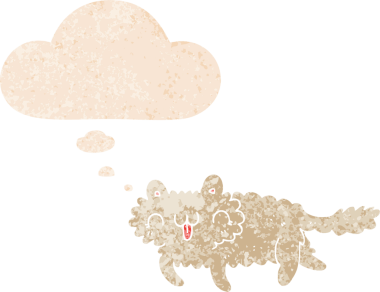 grunge 'da düşünce baloncuğu olan çizgi film kedisi bir insan tarafından çizilmiş dertli retro desenli