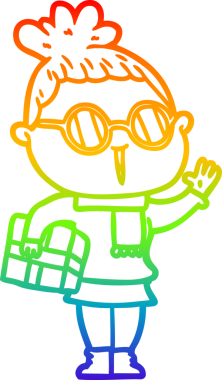 Bir insan tarafından çizilmiş gözlük takan bir karikatür kadının çizimi.