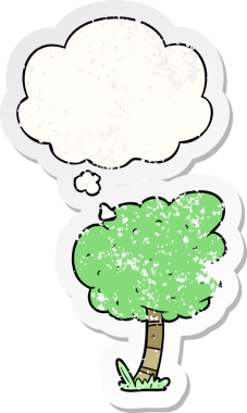 Düşünce baloncuğu olan çizgi film ağacı insan tarafından çizilmiş yıpranmış bir çıkartma gibi.