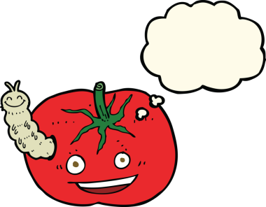 Bir insan tarafından çizilmiş düşünce baloncuklu bir domates.